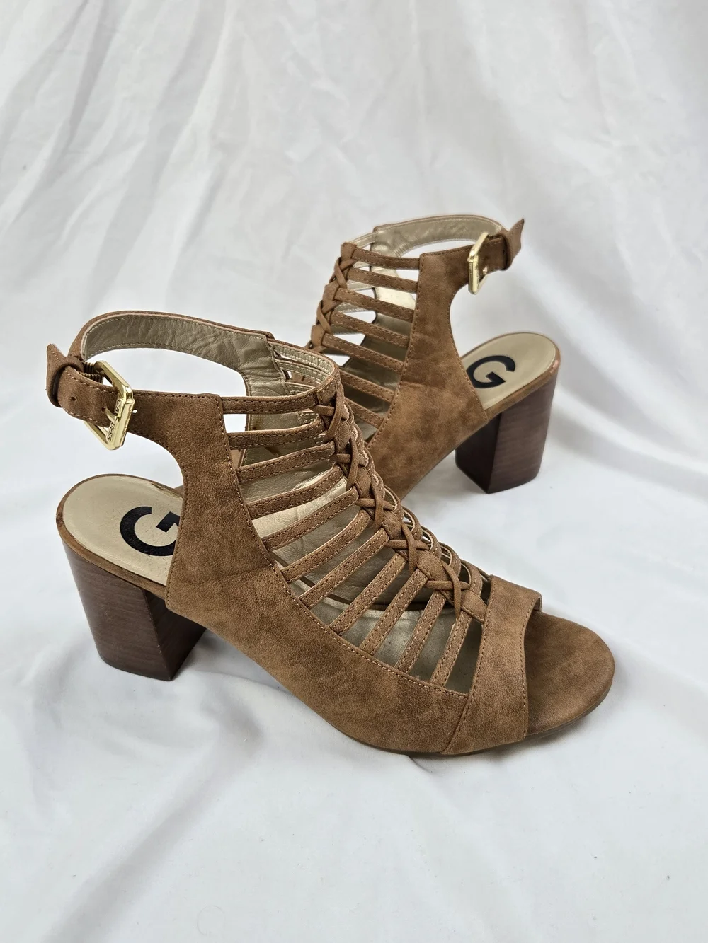 GUESS Brown Caged Gladiator Sandals Women’s 8M Suede Block Heel
